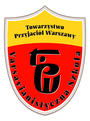 Żółto czerwona tarcza z czarnymi napisami: Varsavianistyczna szkoła, Towarszystwo Przyjaciół Warszawy