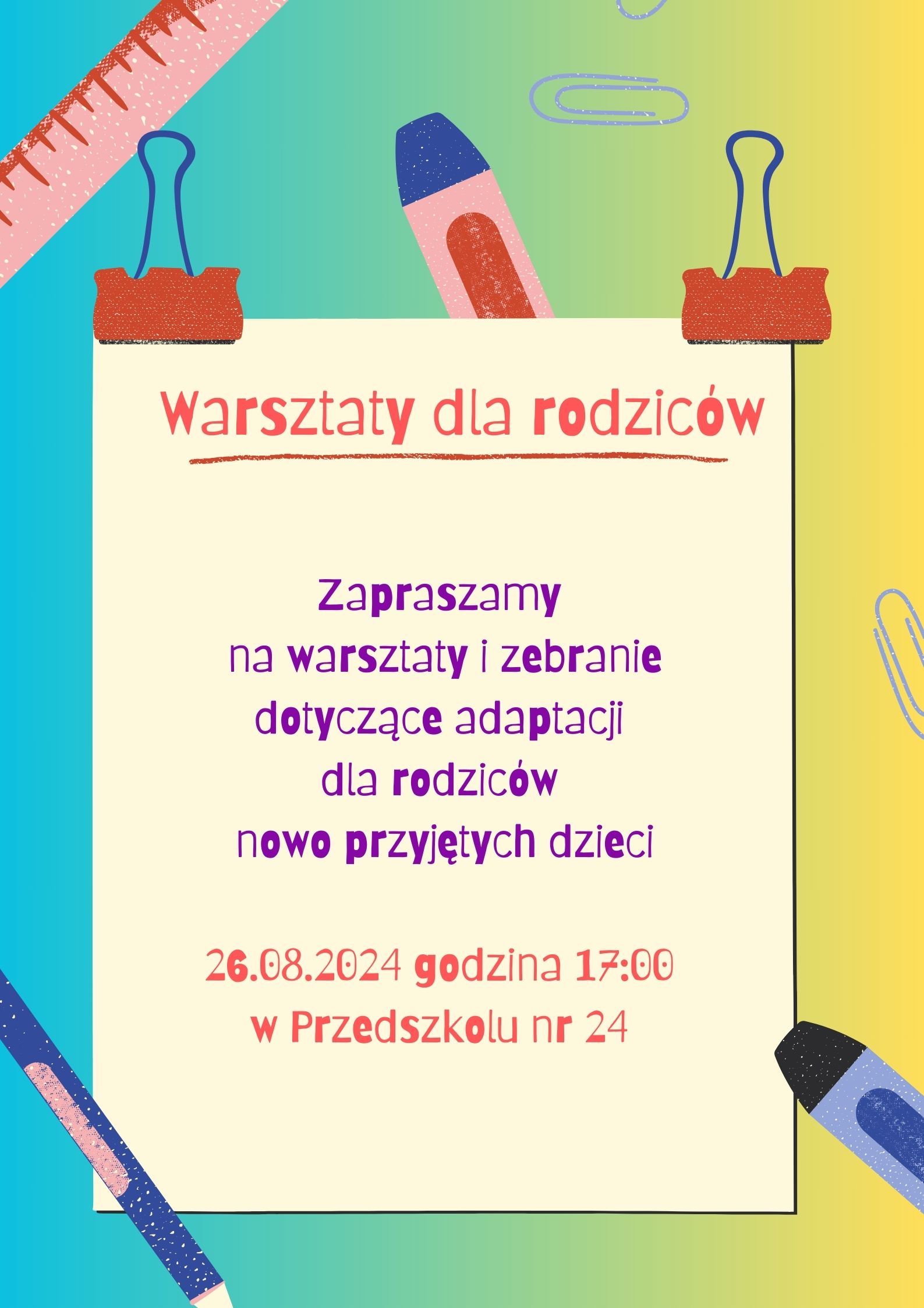 Kolorowy plakat z zaproszeniem na warsztaty i zebranie.