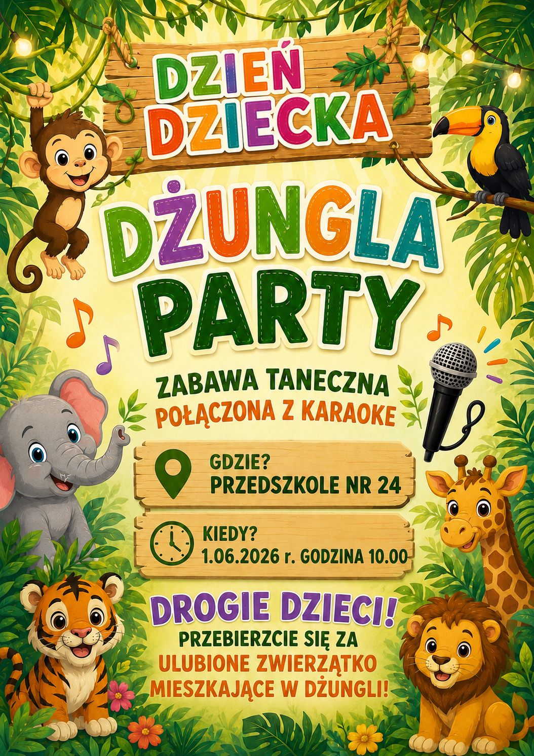 Dzień Dziecka &ndash; Dżungla Party w Przedszkolu nr 24. 1.06.2026 o 10:00. Zabawa taneczna, karaoke i stroje zwierząt.