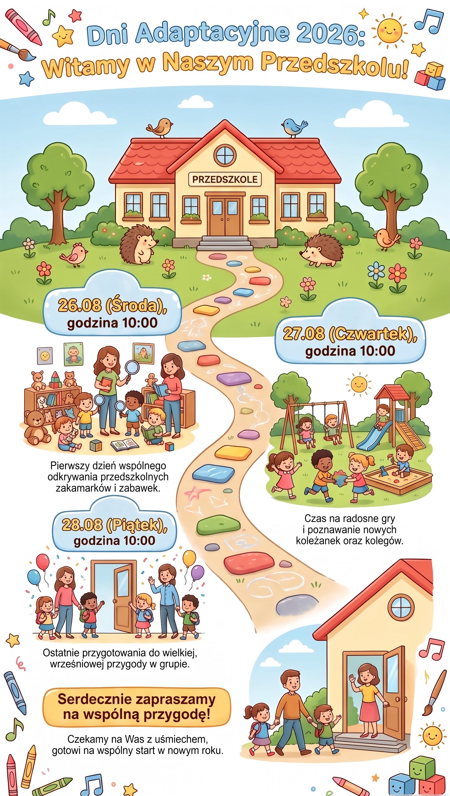 Plakat informujący o Dniach Adaptacyjnych 2026 w przedszkolu. Spotkania odbędą się 26, 27 i 28 sierpnia o godzinie 10:00. Szczeg&oacute;łowy harmonogram znajduje się w treści strony.