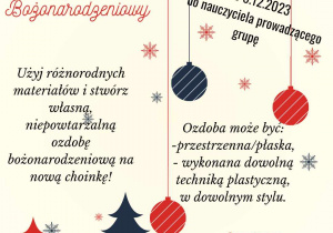 Beżowy plakat z czerwonymi i zielonymi bombkami, choinkami i napisami informującymi o nazwie, zasadach, terminie konkrusu.