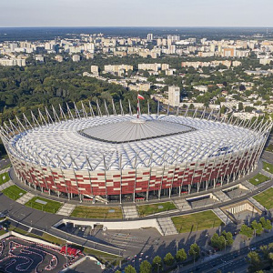 Na zdjęciu widać budynek PGE Stadion Narodowy z lotu ptaka