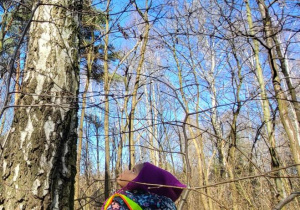 Dziewczynka w kurtce i odblaskowej kamizelce spogląda w górę na budkę dla nietoperzy.