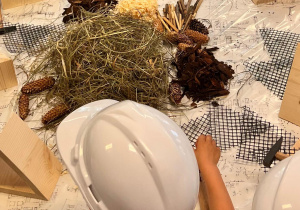 Dzieci w kaskach ochronnych i kamizelkach odblaskowych budują domki dla owadów z drewna, siatki i naturalnych materiałów, takich jak szyszki, siano i patyki.