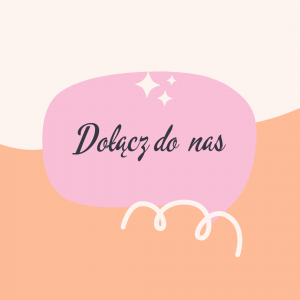 Pastelowa grafika z napisem „Dołącz do nas” na różowym tle z ozdobnymi elementami.