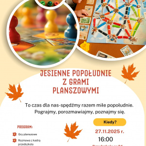Plakat informujący o jesiennym spotkaniu z grami planszowymi