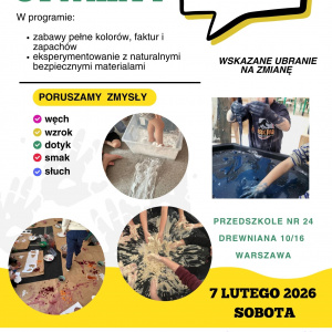 Plakat informujący o dniu otwartym: 07.02.2026 godzina 10:00-12:00. Prośba o zabranie ubrań na zmianę z uwagi na możliwość zabrudzenia się oraz o potwierdzenie obecności: p24@eduwarszawa.pl