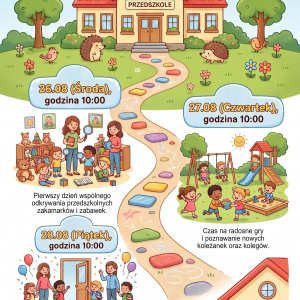 Plakat informujący o Dniach Adaptacyjnych w przedszkolu. Spotkania odbędą się 26, 27 i 28 sierpnia o godzinie 10:00. Szczegóły znajdują się w treści strony.