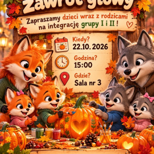 Plakat przedstawiający informacje dotyczące jesiennego spotkania z rodzicami w przedszkolu w dn. 22.10.2026 o godz. 15:00