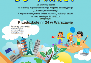 Niebieski plakat. Napis " Certyfikat Z kulturą mi do twarzy" wykonany żółtymi literami. Na dole plakatu narysowane są dwie dłonie. Na jednej stoi dwoje dzieci, trzecie siedzi na wózku inwalidzkim. Na drugiej dłoni znajdują się zabytki z różnych krajów.